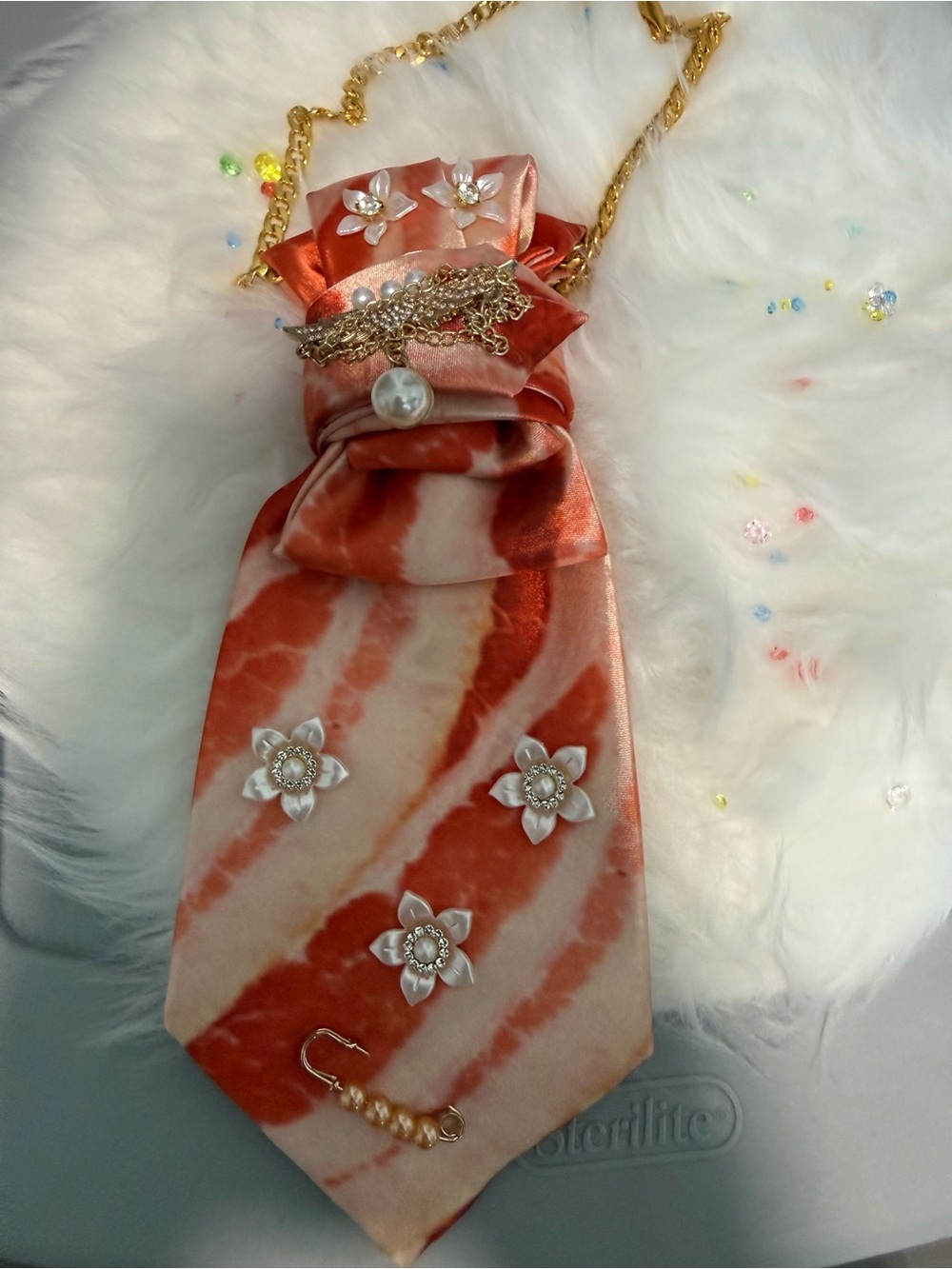 Girls' Coral Tie-Neck Accessory with Pearl Flower Accents